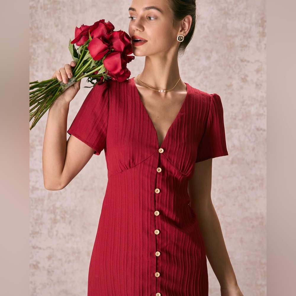 NWT RIHOAS The Red V Neck Shirred Puff Sleeve Midi Dress Sz M - Picture 5 of 10